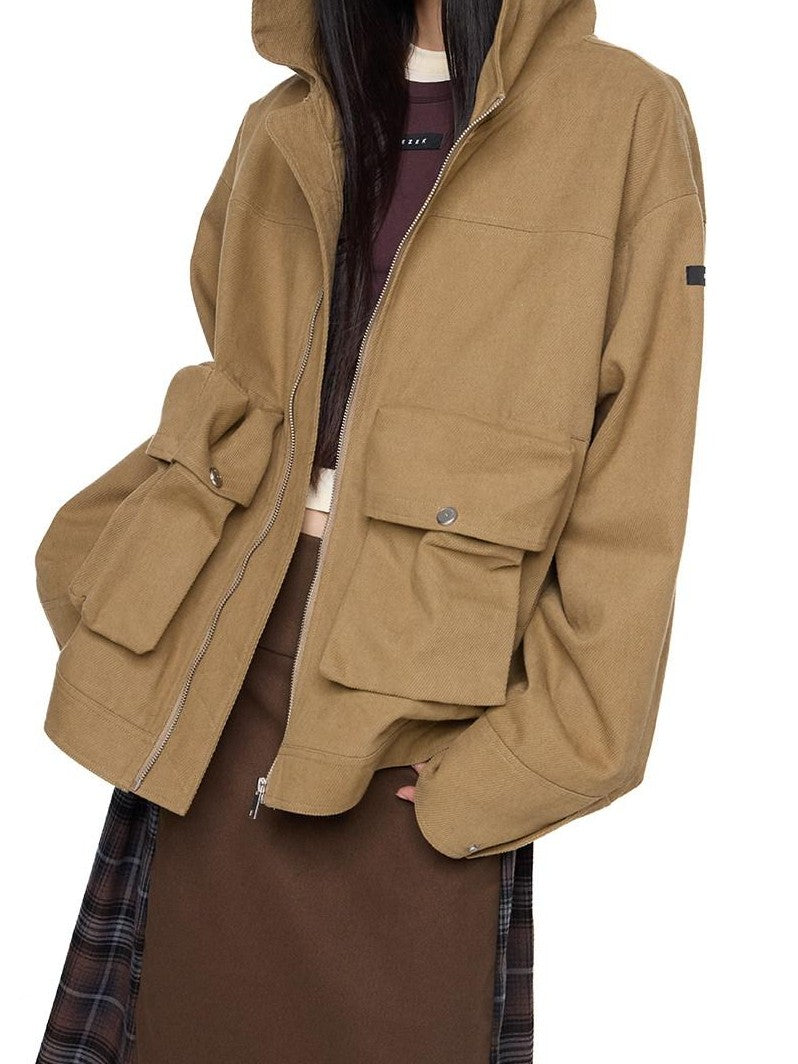 EZEK Khaki Hooded Zipper Flap Pocket Loose Ribbed Hem Women's Cotton Casual Jackets