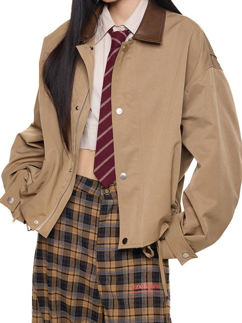 EZEK Khaki Patch Leather Lapel Embroidered Retro Women's Casual Jackets