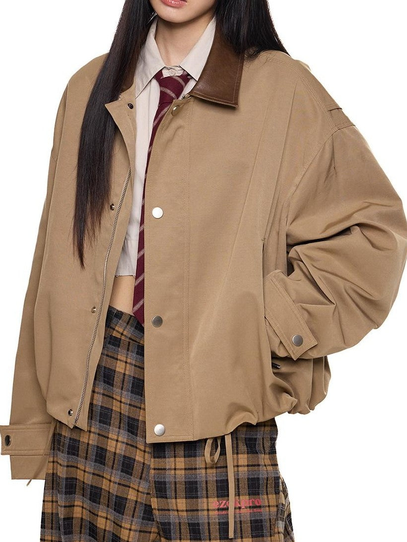 EZEK Khaki Patch Leather Lapel Embroidered Retro Women's Casual Jackets