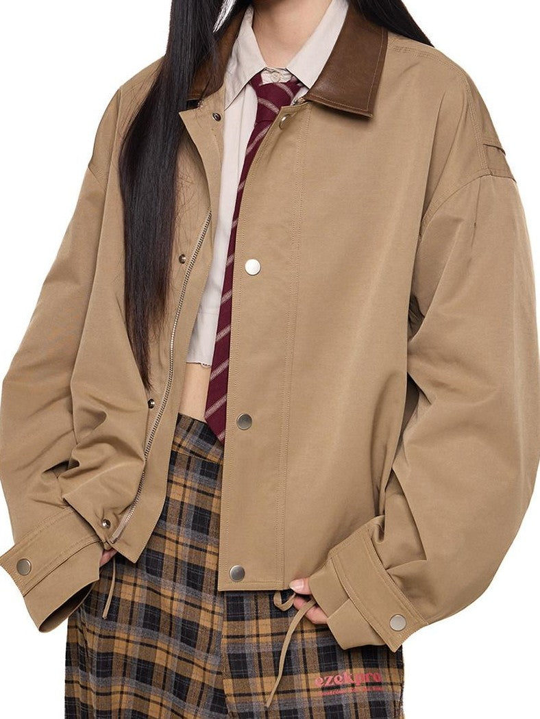 EZEK Khaki Patch Leather Lapel Embroidered Retro Women's Casual Jackets