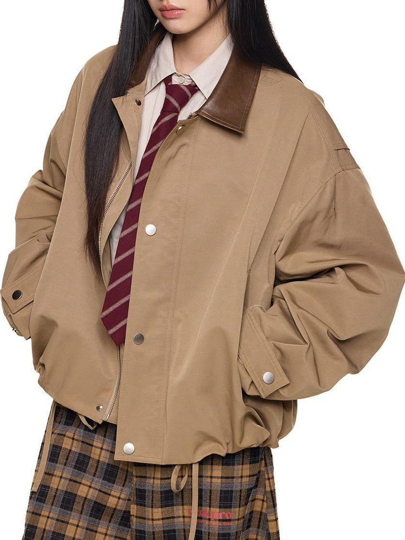EZEK Khaki Patch Leather Lapel Embroidered Retro Women's Casual Jackets
