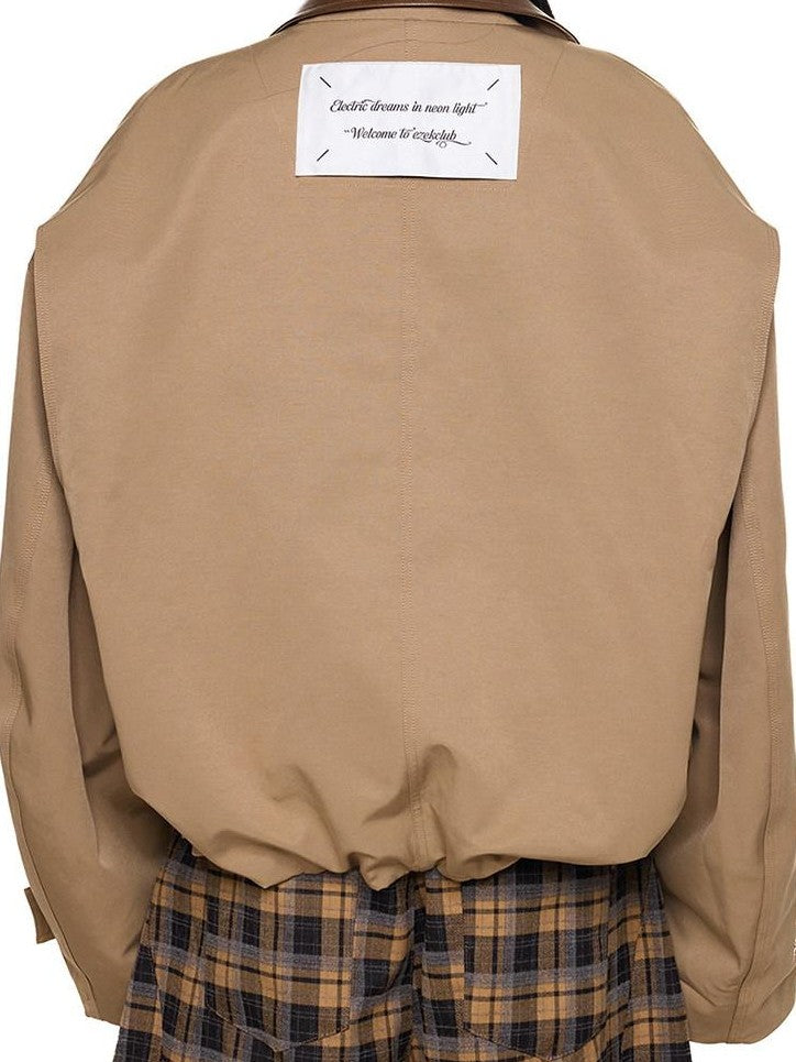 EZEK Khaki Patch Leather Lapel Embroidered Retro Women's Casual Jackets