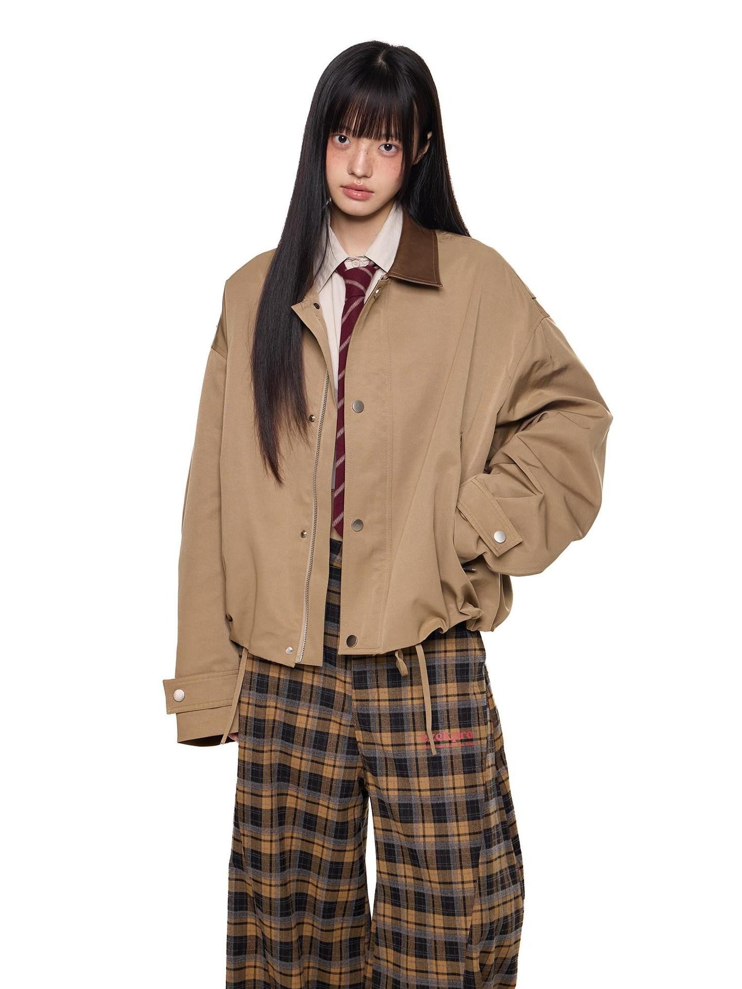 EZEK Khaki Patch Leather Lapel Embroidered Retro Women's Casual Jackets