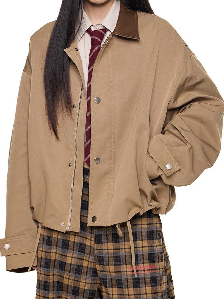 EZEK Khaki Patch Leather Lapel Embroidered Retro Women's Casual Jackets