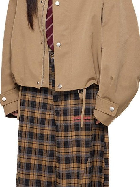 EZEK Khaki Patch Leather Lapel Embroidered Retro Women's Casual Jackets