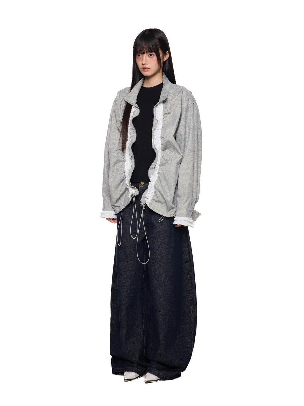 EZEK Lace Drawstring Ruched Lapel Zip Loose Fit Women's Polyester Casual Jackets