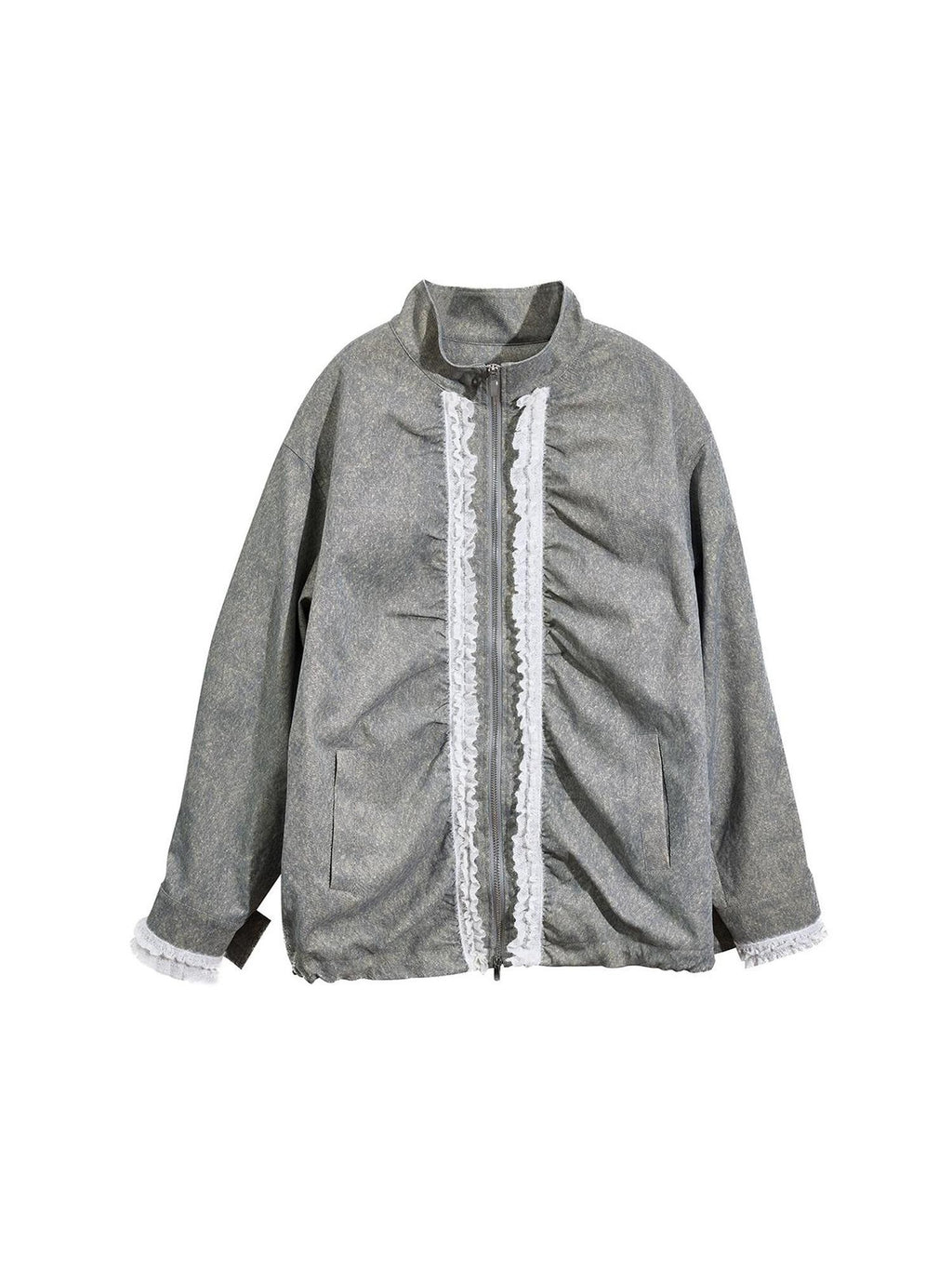 EZEK Lace Drawstring Ruched Lapel Zip Loose Fit Women's Polyester Casual Jackets