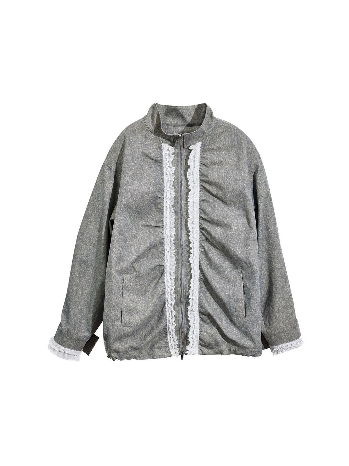EZEK Lace Drawstring Ruched Lapel Zip Loose Fit Women's Polyester Casual Jackets