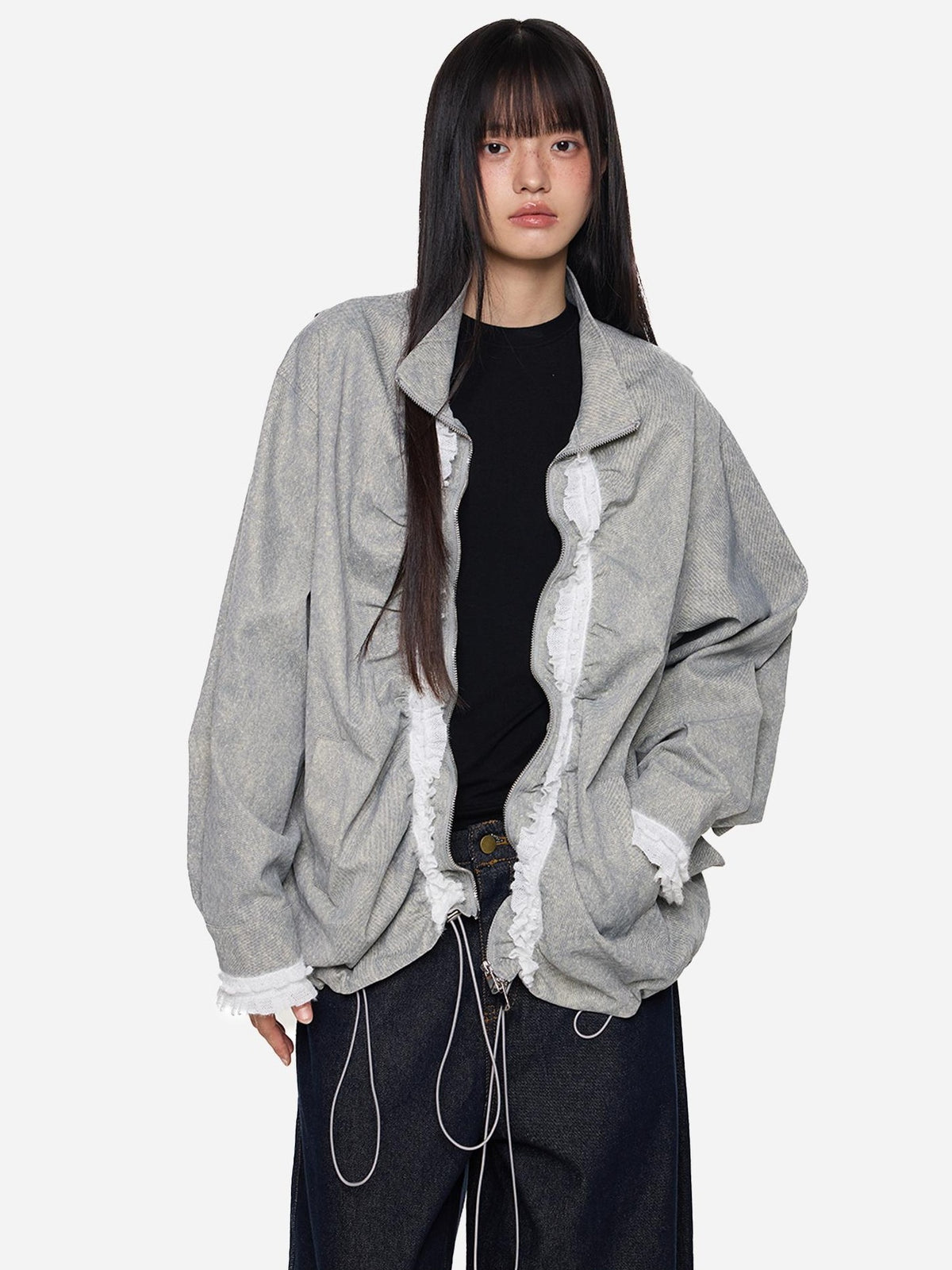 EZEK Lace Drawstring Ruched Lapel Zip Loose Fit Women's Polyester Casual Jackets