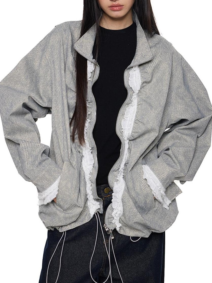 EZEK Lace Drawstring Ruched Lapel Zip Loose Fit Women's Polyester Casual Jackets