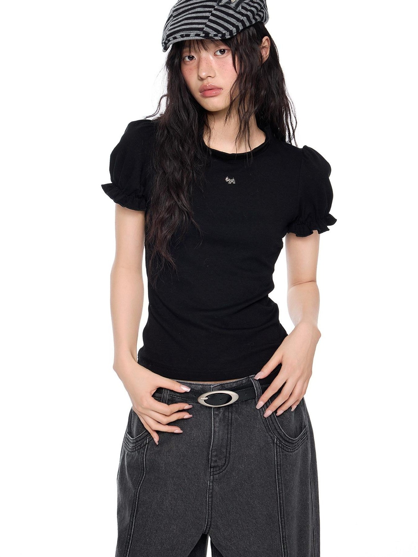 EZEK Lace Stand Collar Puff Sleeve Dog Print Women's Cotton Short Sleeve T-shirts