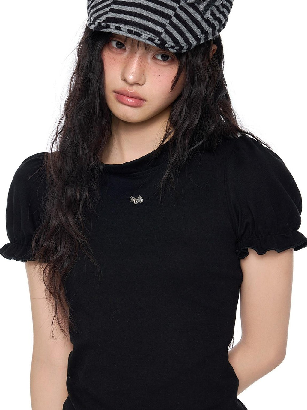 EZEK Lace Stand Collar Puff Sleeve Dog Print Women's Cotton Short Sleeve T-shirts