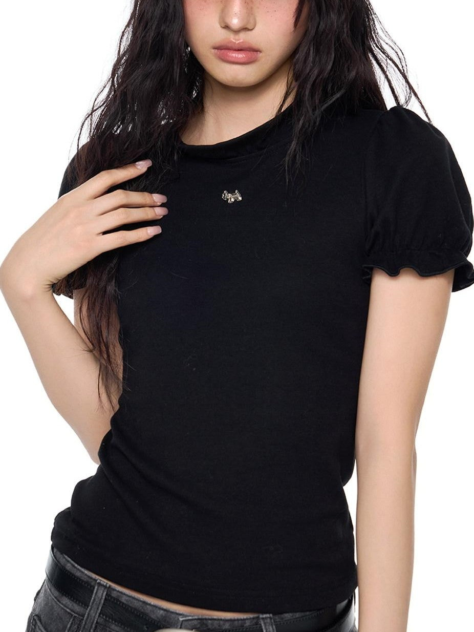 EZEK Lace Stand Collar Puff Sleeve Dog Print Women's Cotton Short Sleeve T-shirts
