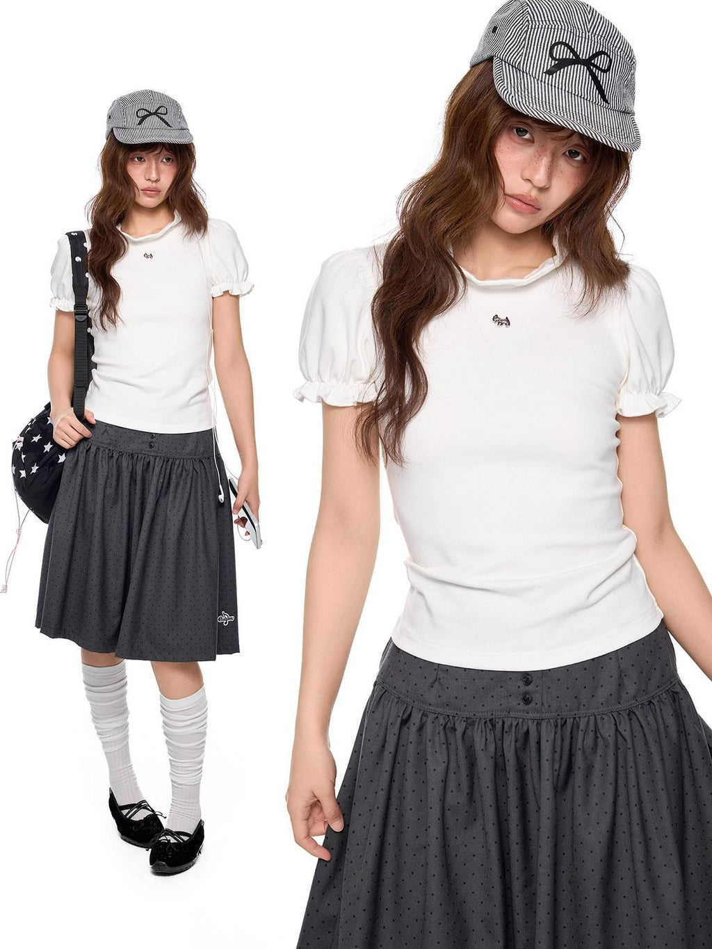 EZEK Lace Stand Collar Puff Sleeve Dog Print Women's Cotton Short Sleeve T-shirts