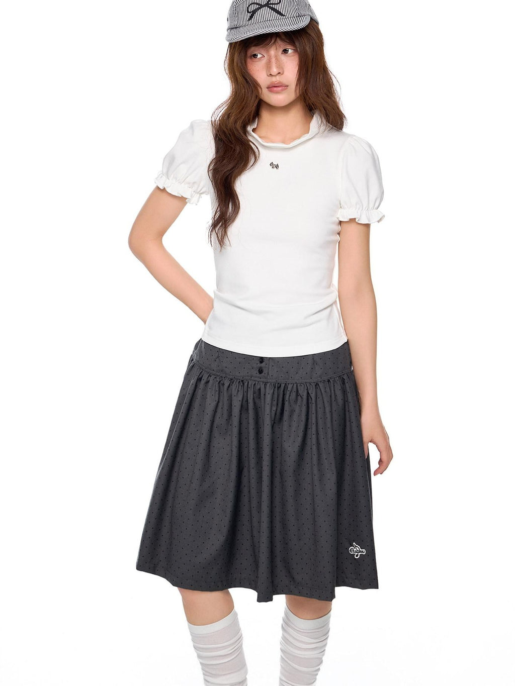 EZEK Lace Stand Collar Puff Sleeve Dog Print Women's Cotton Short Sleeve T-shirts