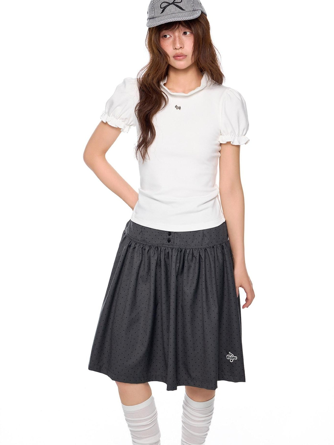 EZEK Lace Stand Collar Puff Sleeve Dog Print Women's Cotton Short Sleeve T-shirts
