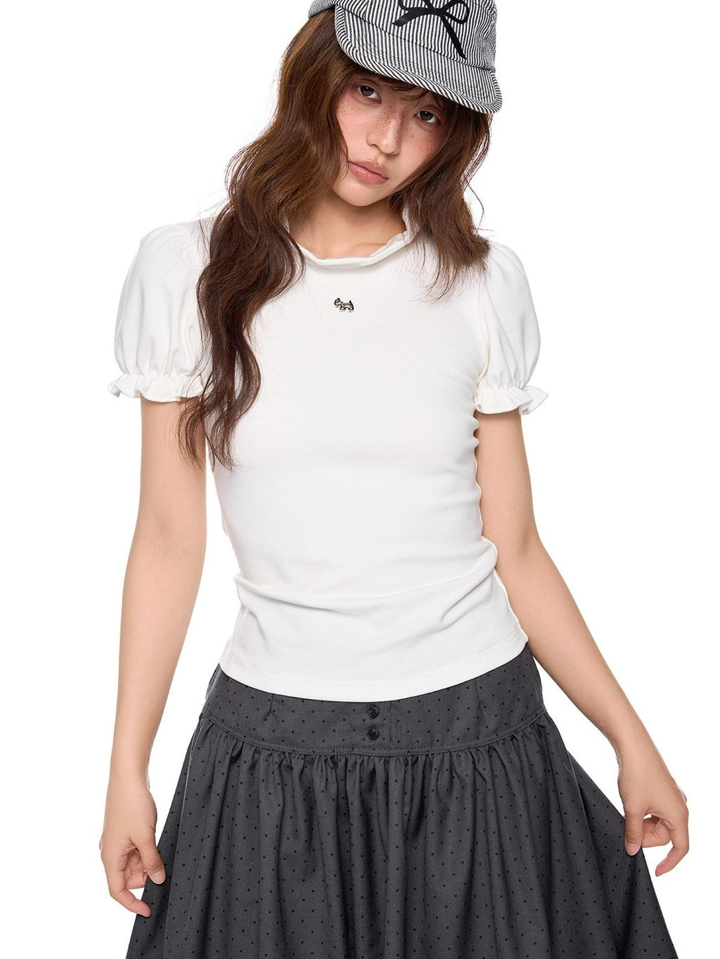 EZEK Lace Stand Collar Puff Sleeve Dog Print Women's Cotton Short Sleeve T-shirts