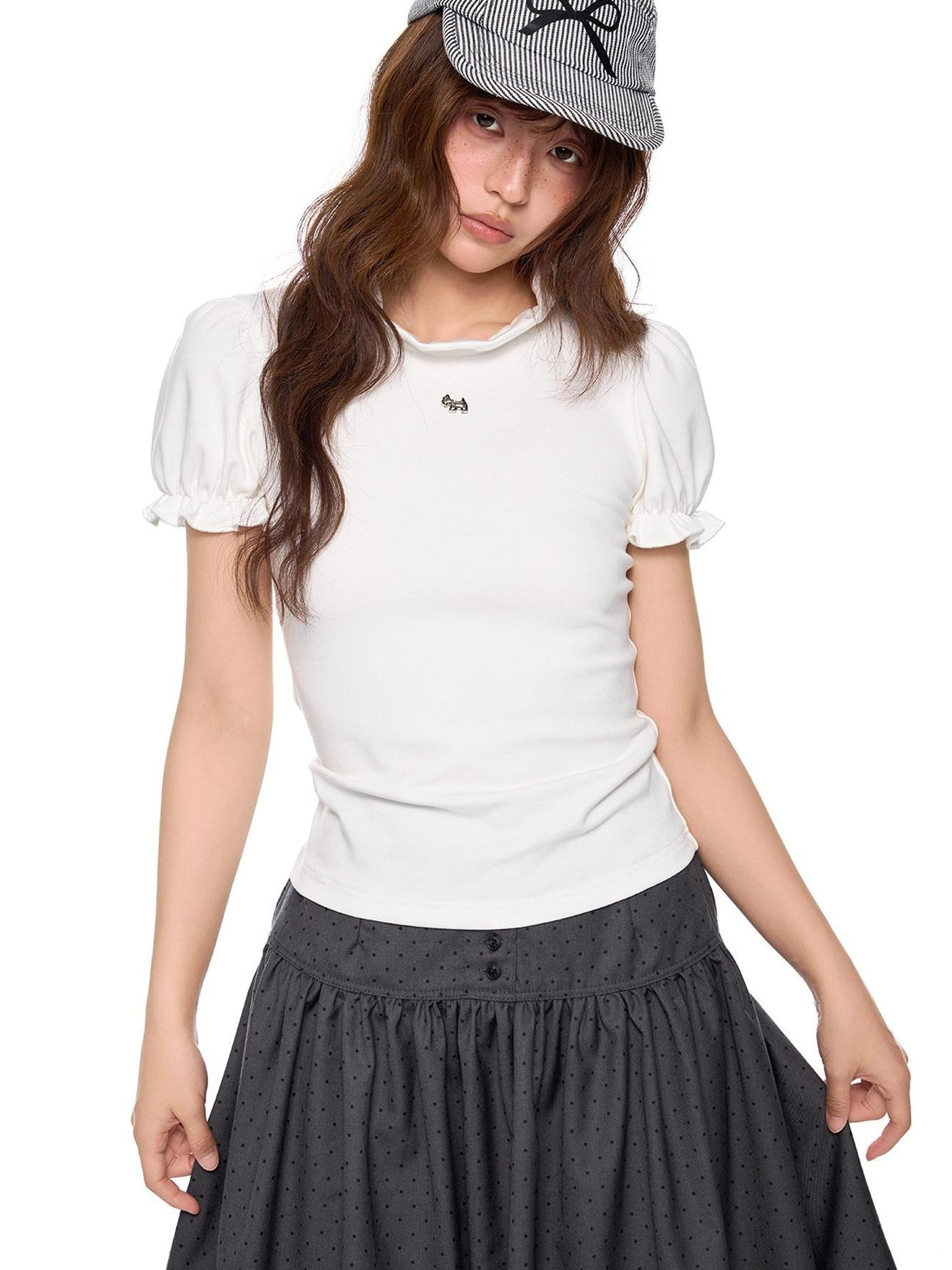 EZEK Lace Stand Collar Puff Sleeve Dog Print Women's Cotton Short Sleeve T-shirts