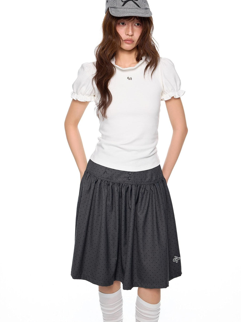 EZEK Lace Stand Collar Puff Sleeve Dog Print Women's Cotton Short Sleeve T-shirts