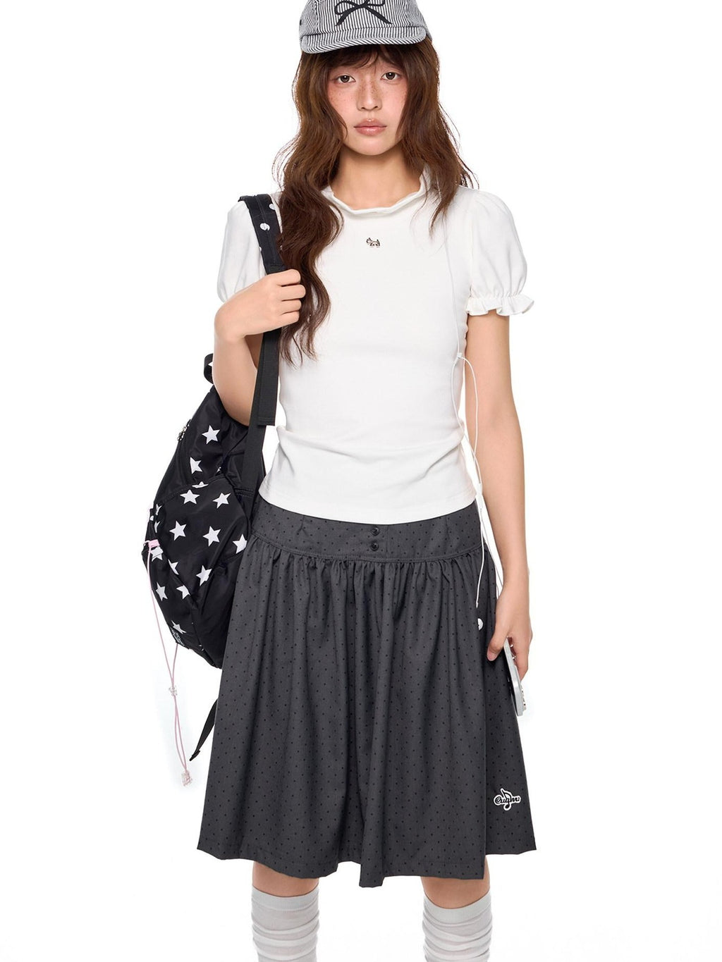 EZEK Lace Stand Collar Puff Sleeve Dog Print Women's Cotton Short Sleeve T-shirts