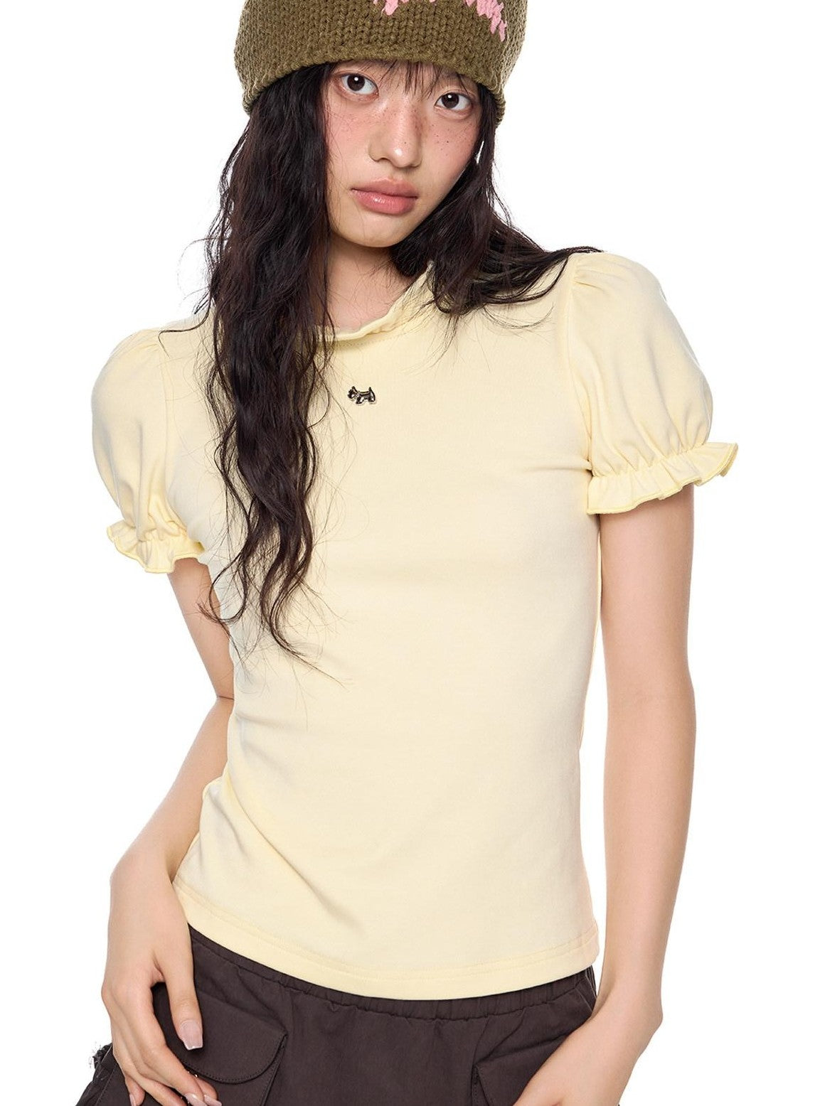 EZEK Lace Stand Collar Puff Sleeve Dog Print Women's Cotton Short Sleeve T-shirts