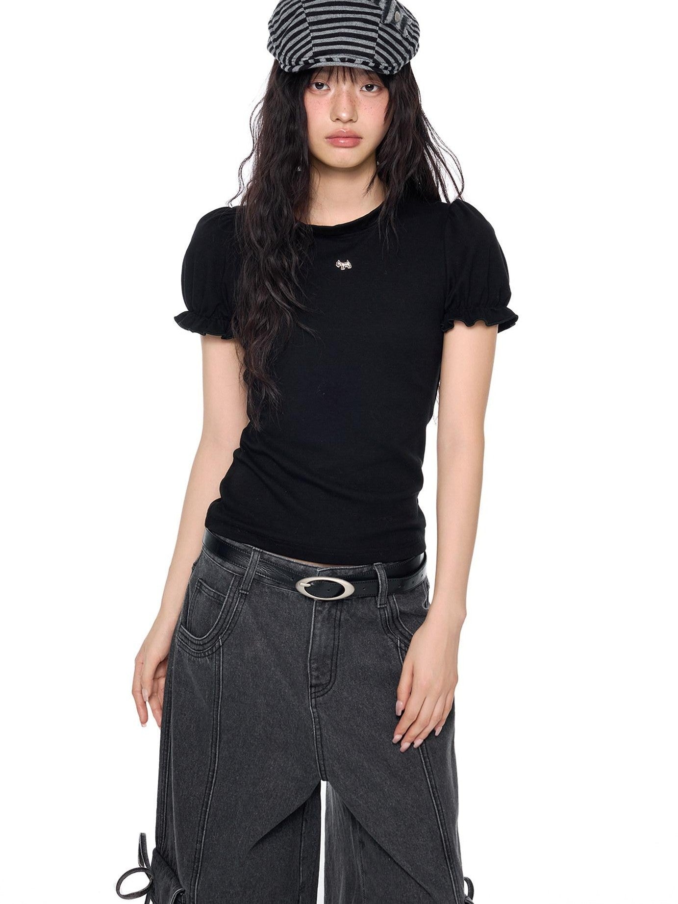EZEK Lace Stand Collar Puff Sleeve Dog Print Women's Cotton Short Sleeve T-shirts