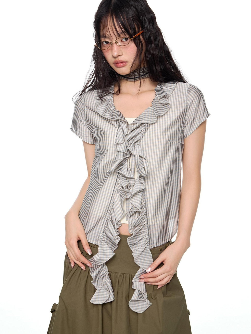 EZEK Lace Tassel V-neck Check Slim Women's Viscose Blend Short Sleeve T-shirts