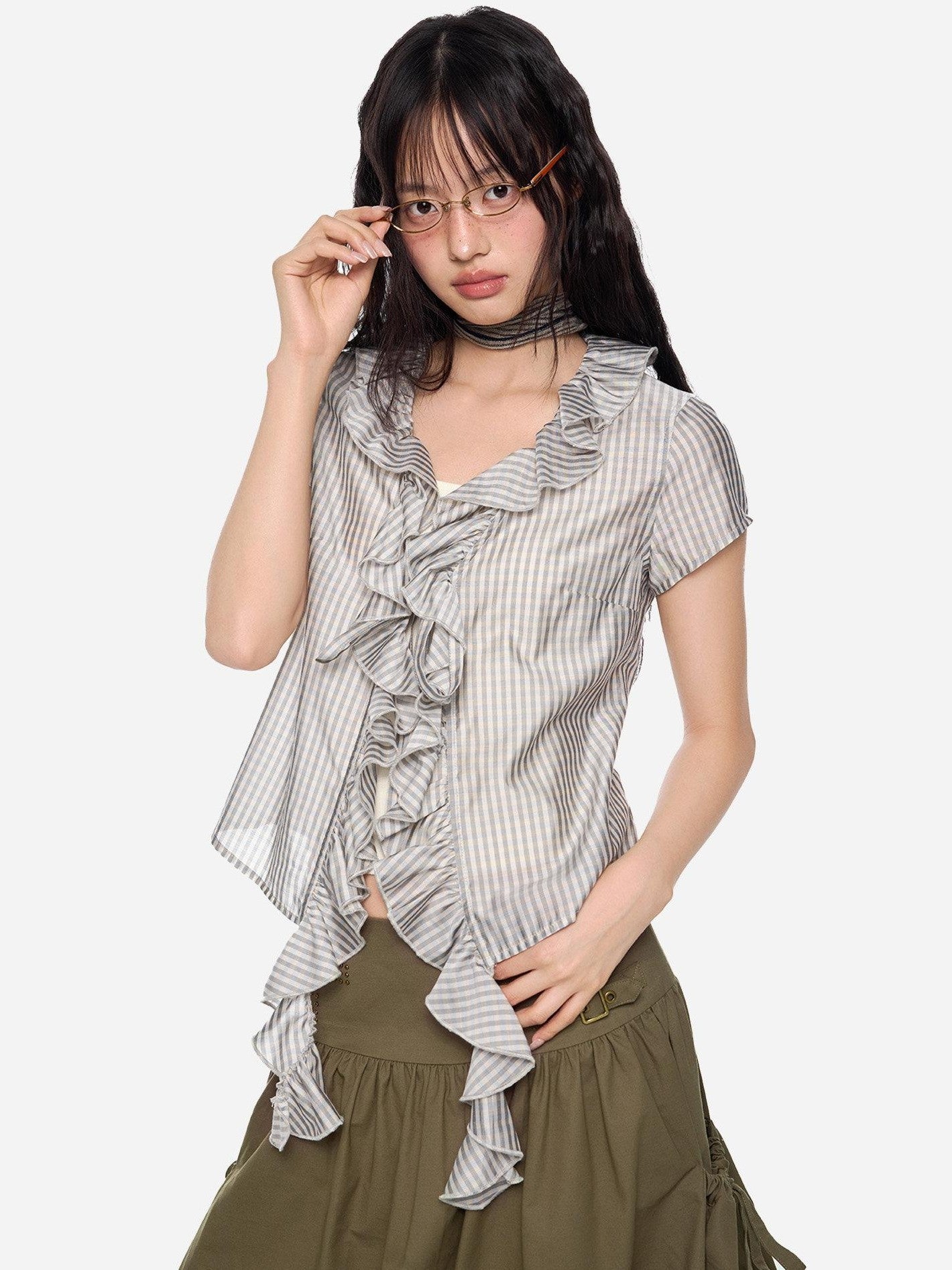 EZEK Lace Tassel V-neck Check Slim Women's Viscose Blend Short Sleeve T-shirts