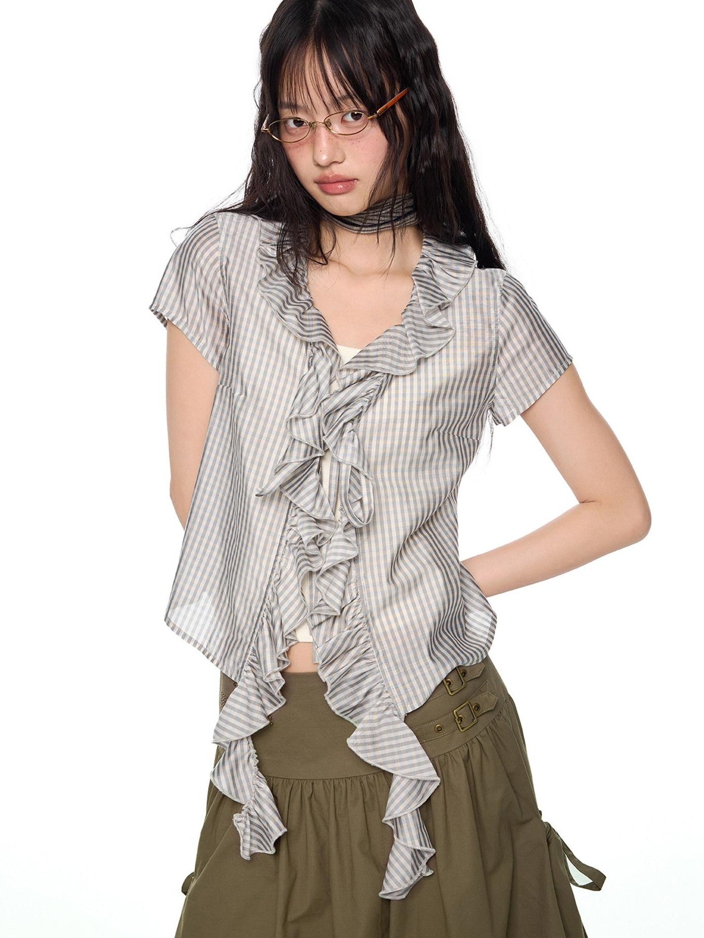 EZEK Lace Tassel V-neck Check Slim Women's Viscose Blend Short Sleeve T-shirts