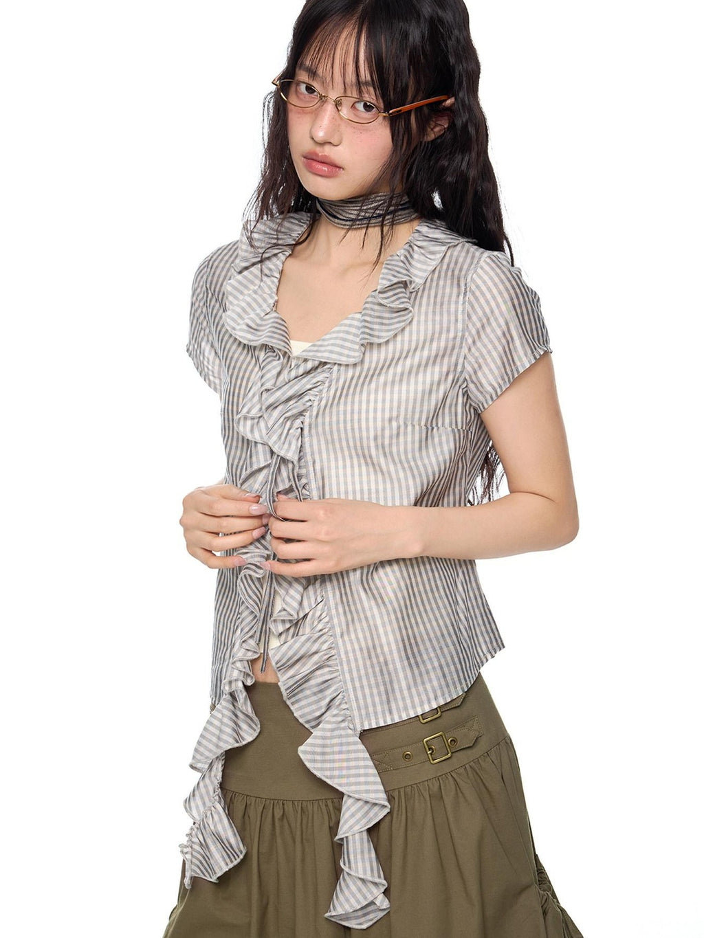 EZEK Lace Tassel V-neck Check Slim Women's Viscose Blend Short Sleeve T-shirts