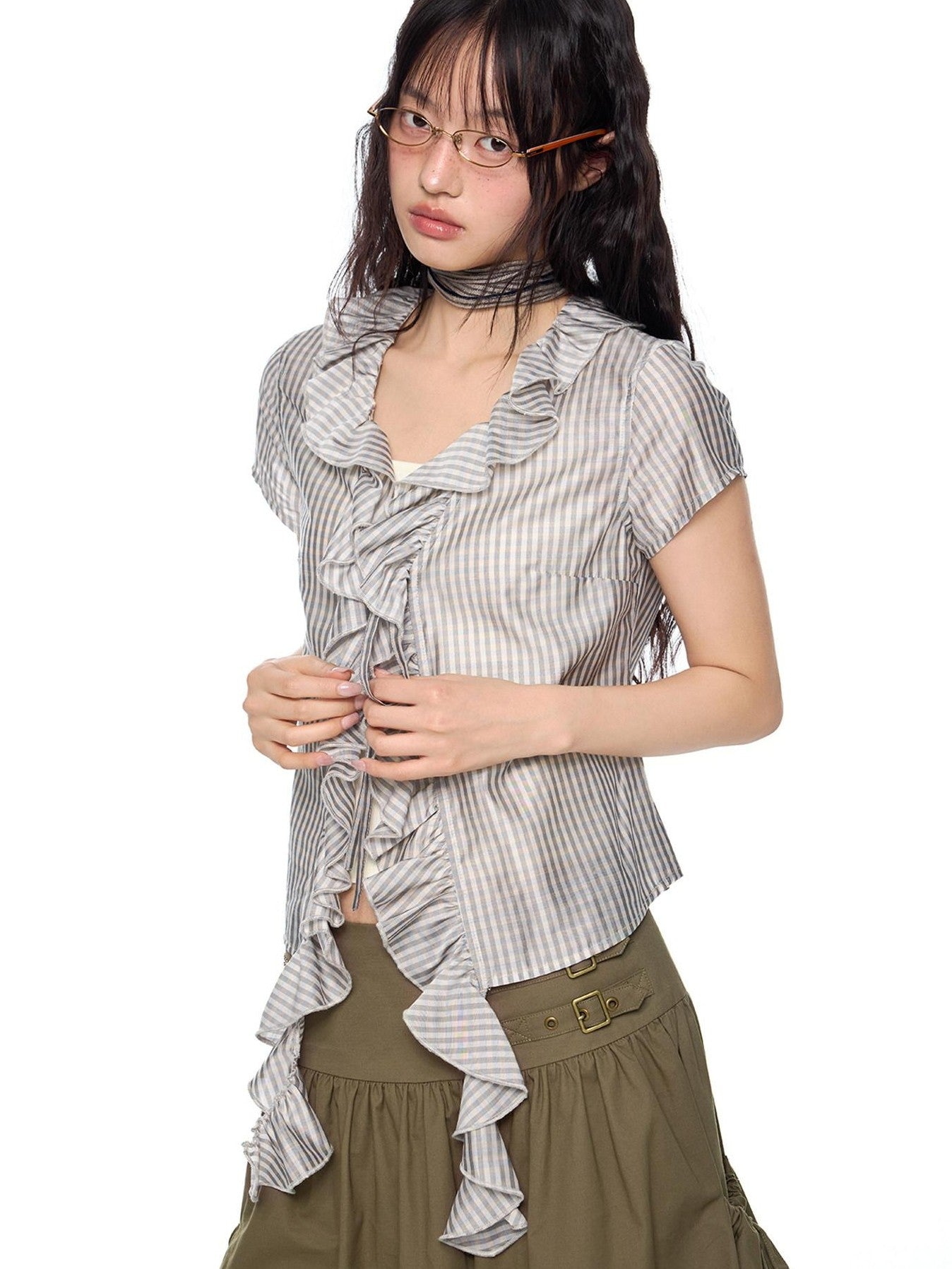 EZEK Lace Tassel V-neck Check Slim Women's Viscose Blend Short Sleeve T-shirts