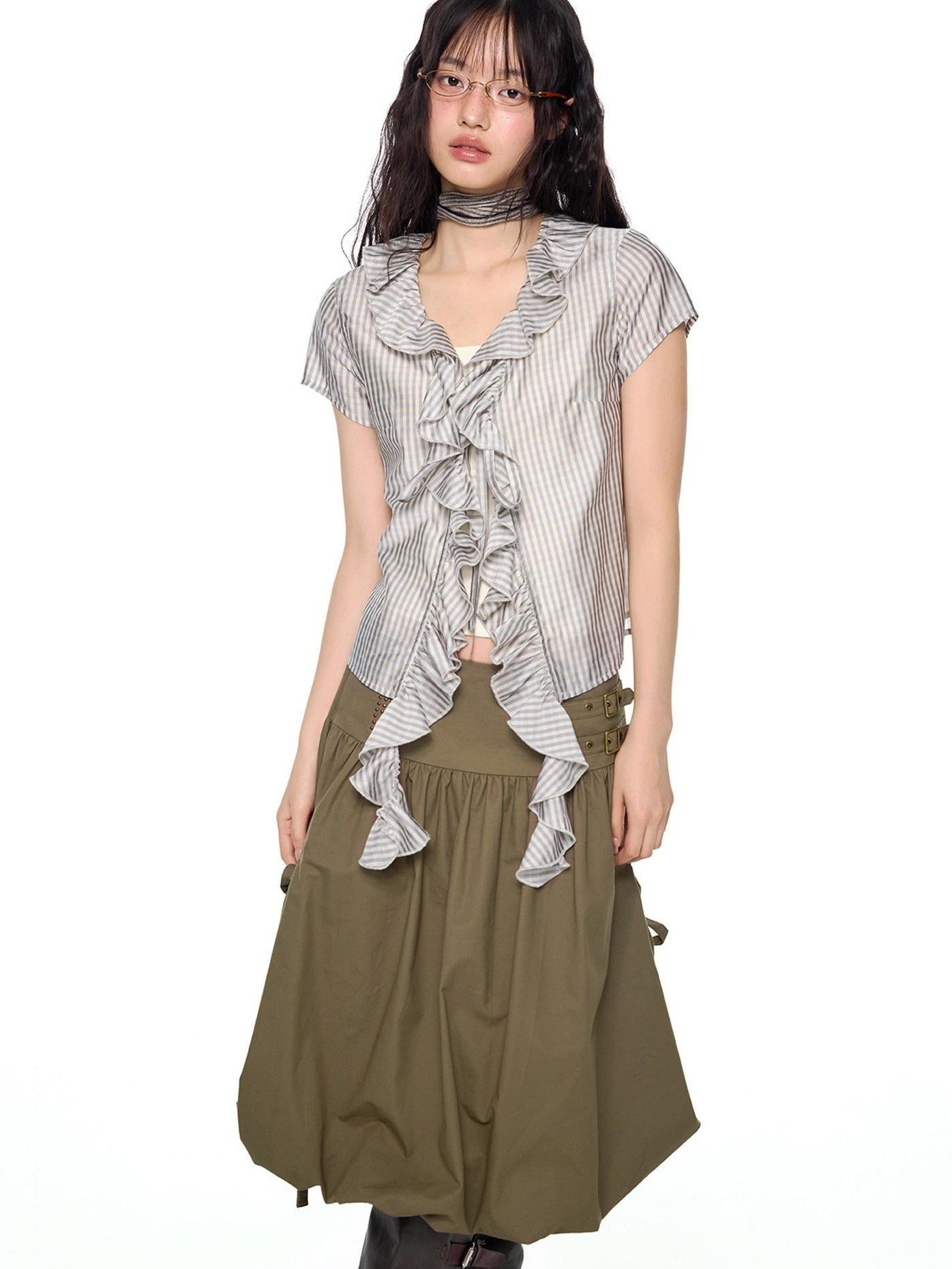 EZEK Lace Tassel V-neck Check Slim Women's Viscose Blend Short Sleeve T-shirts