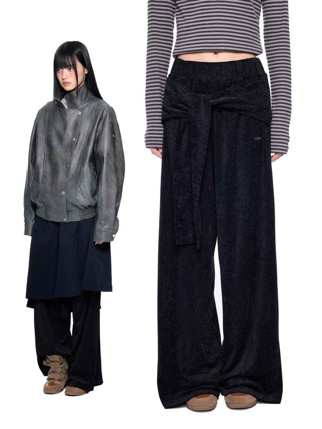 EZEK Layered Tie Drapey Pocket Elastic Waist Women's Cotton Blend Wide-leg Pants