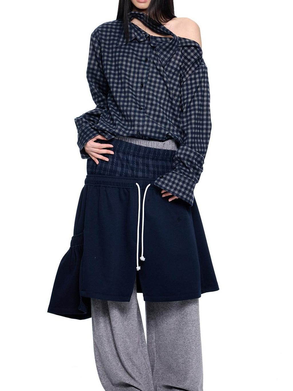 EZEK Layered Tie Drapey Pocket Elastic Waist Women's Cotton Blend Wide-leg Pants