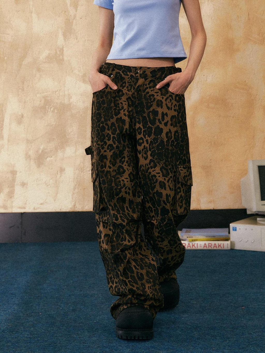 EZEK Leopard Print American Vintage Hip Hop Pocketed Women's Straight-leg Pants