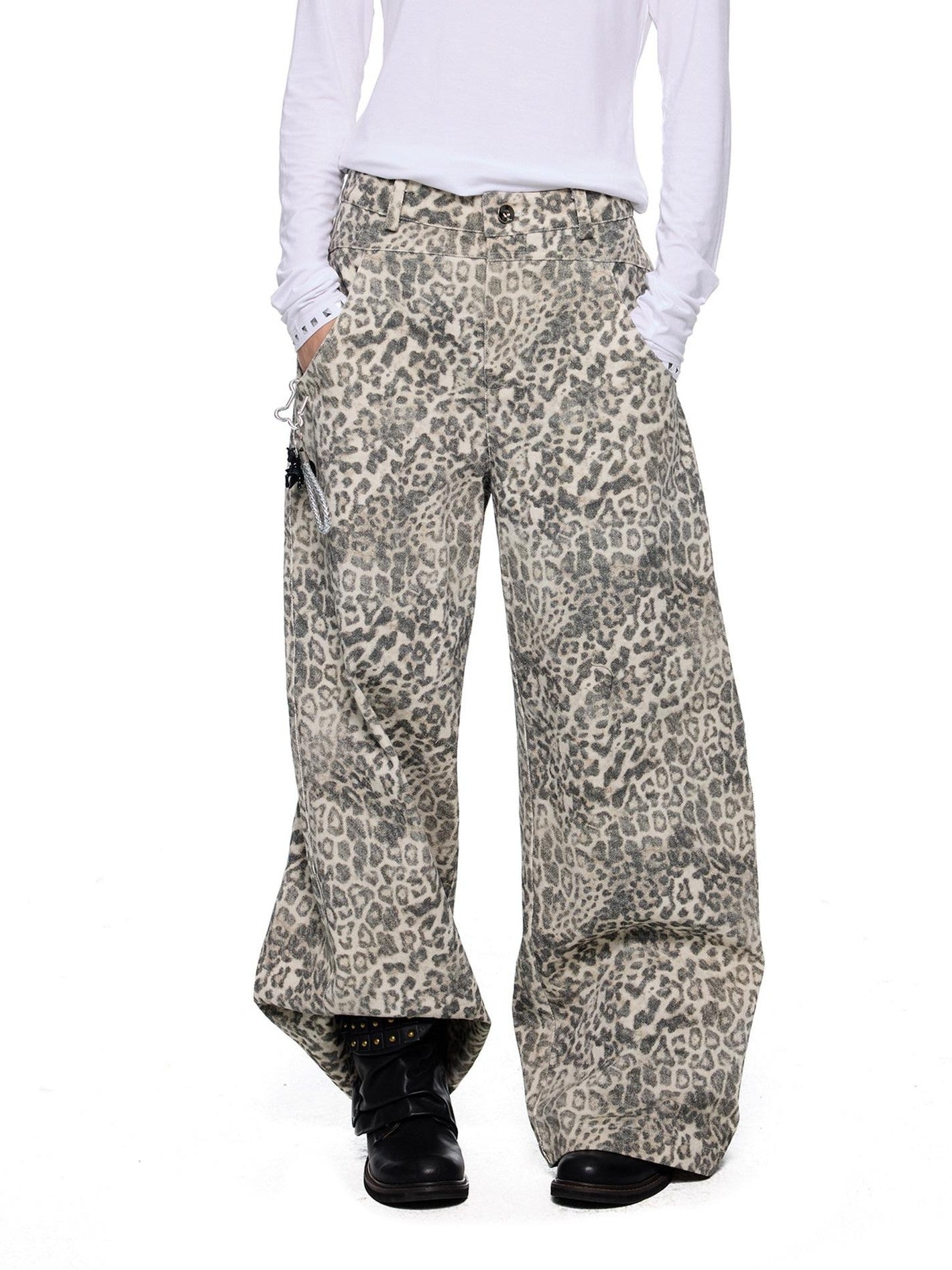 EZEK Leopard Print Washed High Waist Women's Cotton Wide-leg Jeans