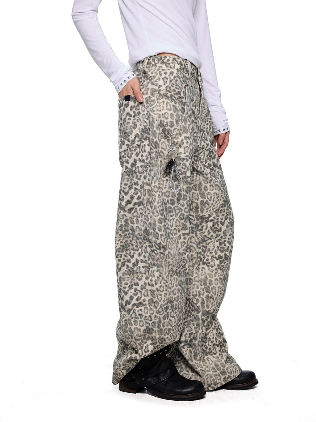 EZEK Leopard Print Washed High Waist Women's Cotton Wide-leg Jeans