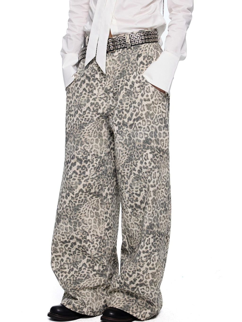 EZEK Leopard Print Washed High Waist Women's Cotton Wide-leg Jeans