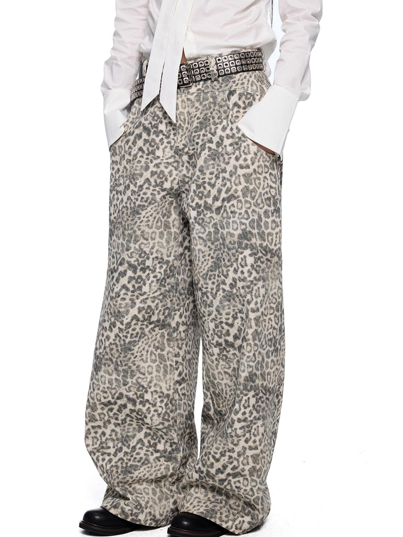 EZEK Leopard Print Washed High Waist Women's Cotton Wide-leg Jeans