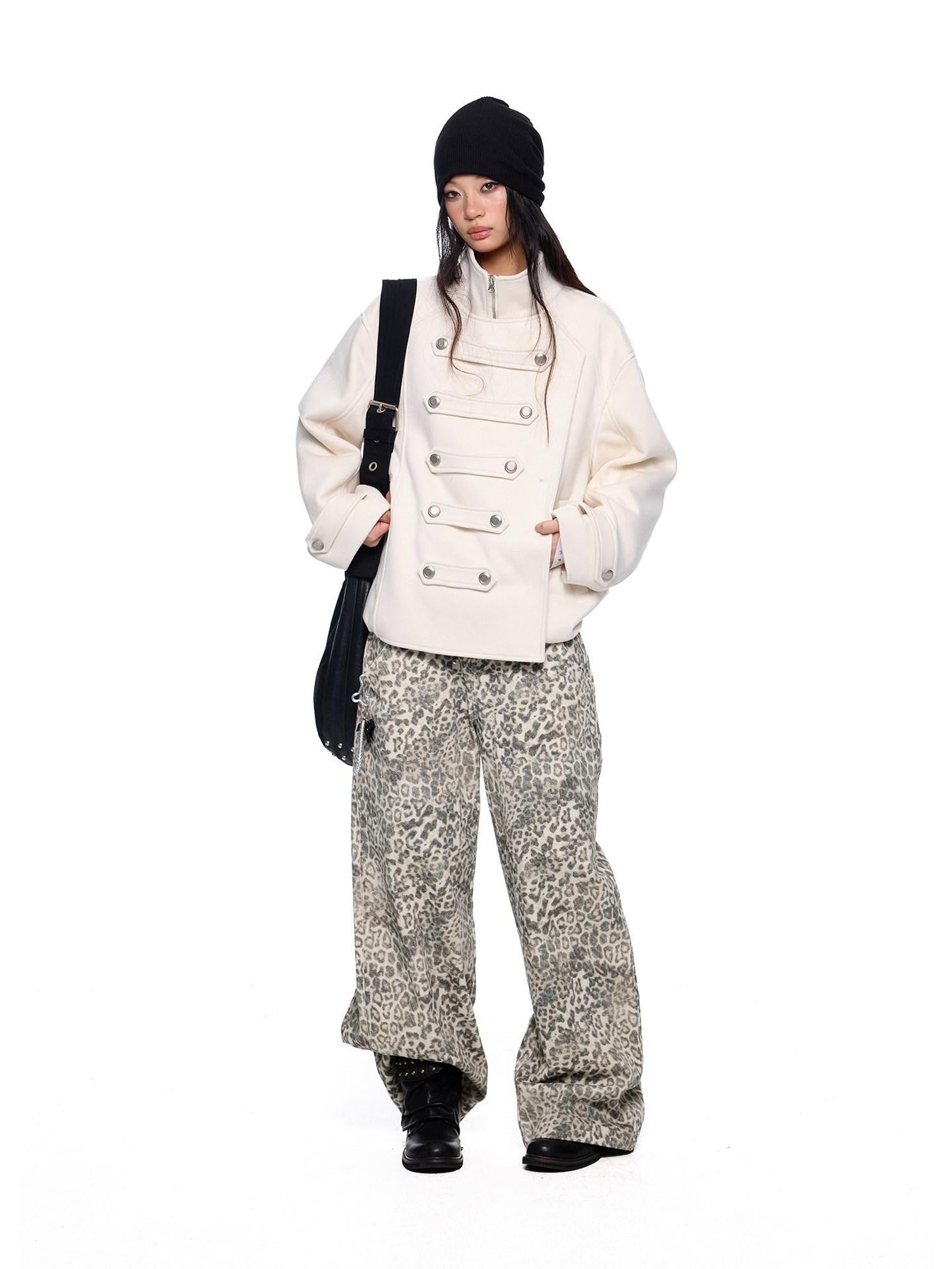 EZEK Leopard Print Washed High Waist Women's Cotton Wide-leg Jeans