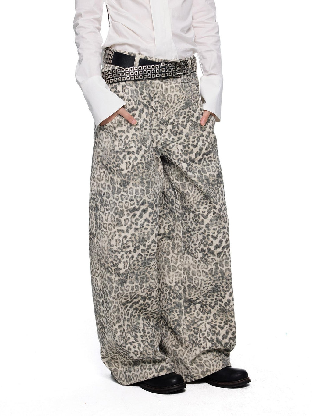 EZEK Leopard Print Washed High Waist Women's Cotton Wide-leg Jeans