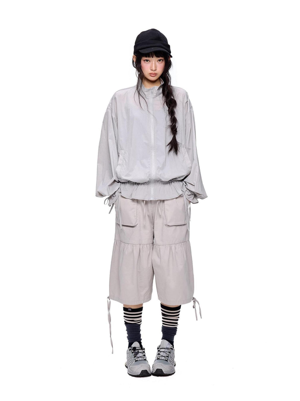 EZEK Light Gray Drawstring Pocket Wide Leg Women's Cotton Capri Pants
