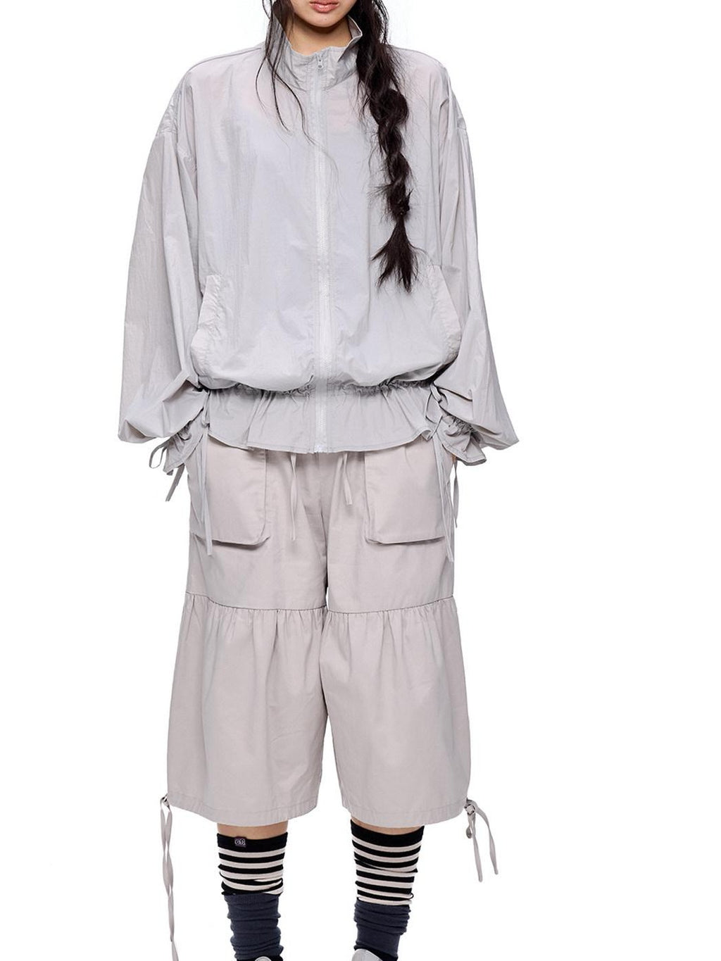 EZEK Light Gray Drawstring Pocket Wide Leg Women's Cotton Capri Pants