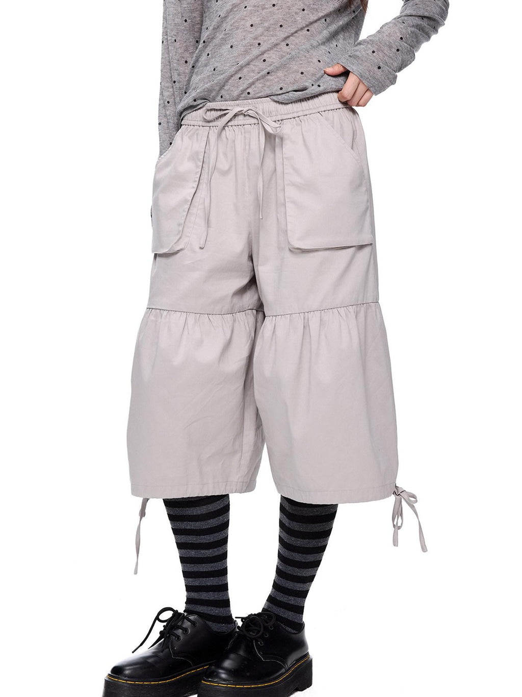 EZEK Light Gray Drawstring Pocket Wide Leg Women's Cotton Capri Pants