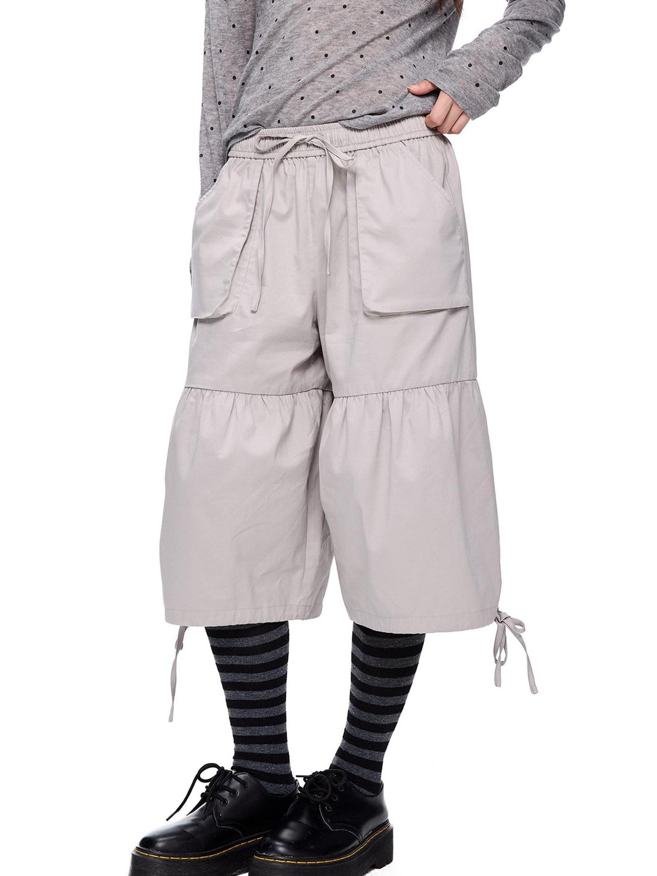 EZEK Light Gray Drawstring Pocket Wide Leg Women's Cotton Capri Pants