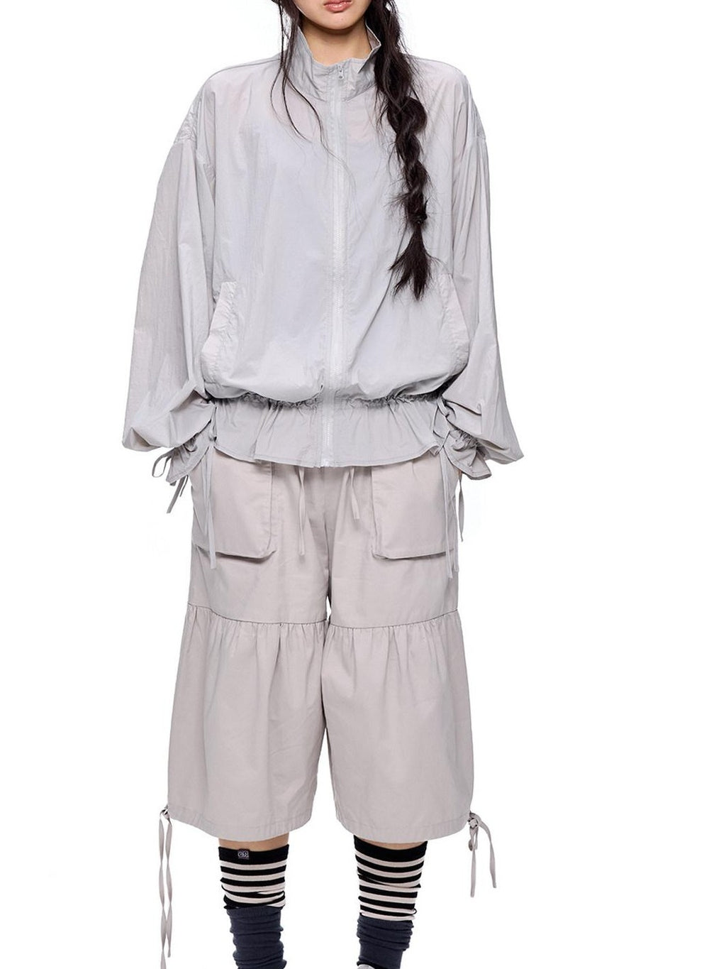 EZEK Light Gray Drawstring Pocket Wide Leg Women's Cotton Capri Pants
