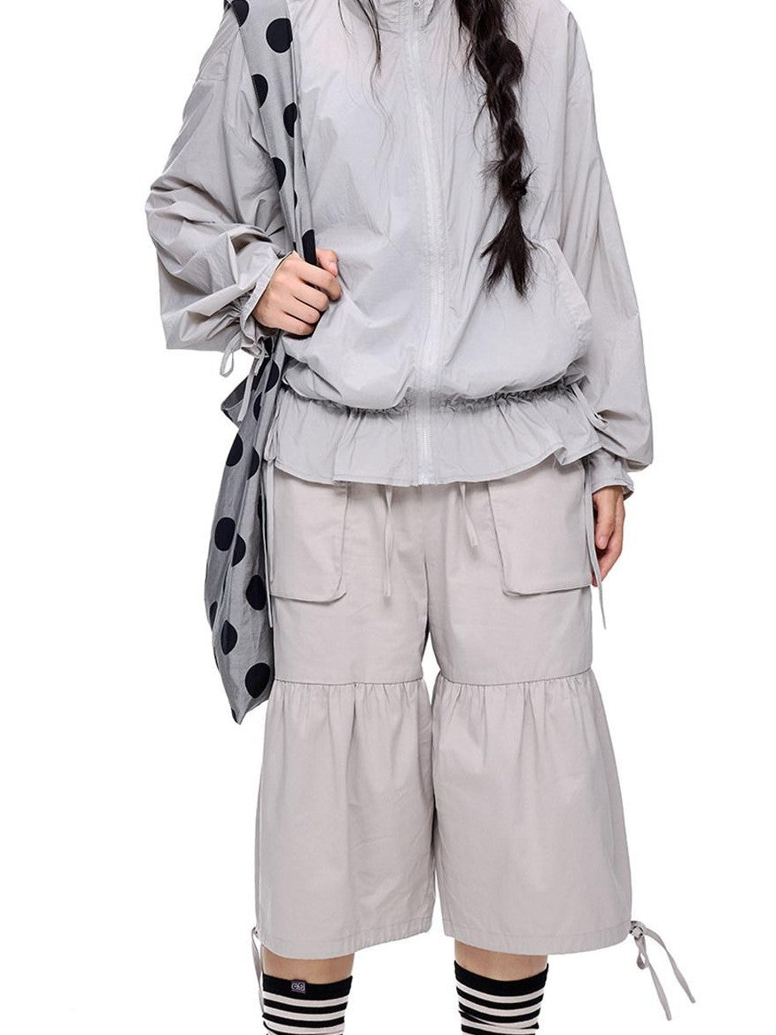 EZEK Light Gray Drawstring Pocket Wide Leg Women's Cotton Capri Pants
