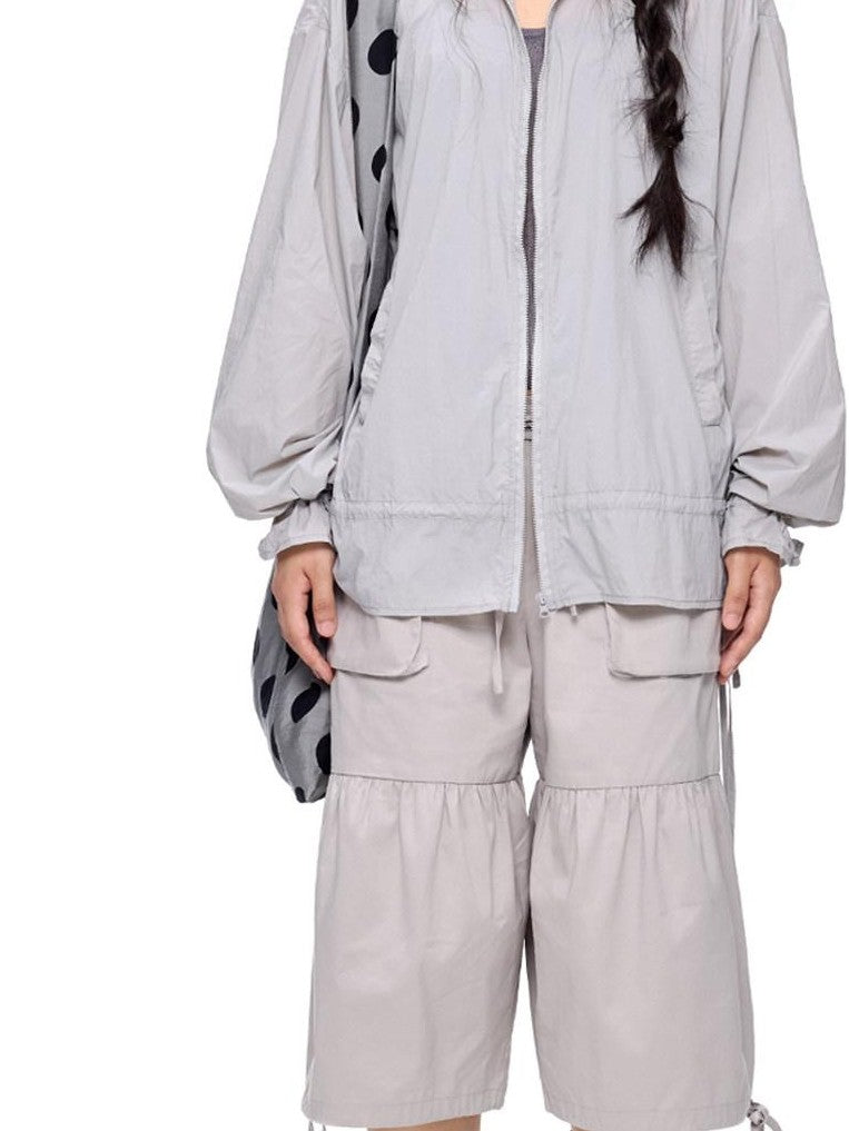 EZEK Light Gray Drawstring Pocket Wide Leg Women's Cotton Capri Pants