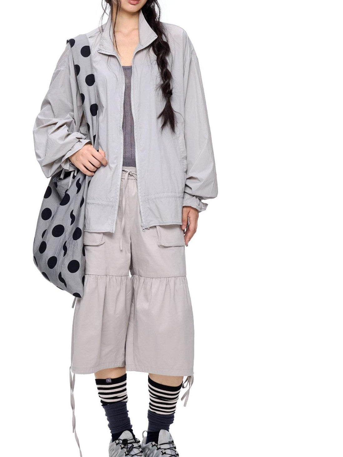 EZEK Light Gray Drawstring Pocket Wide Leg Women's Cotton Capri Pants