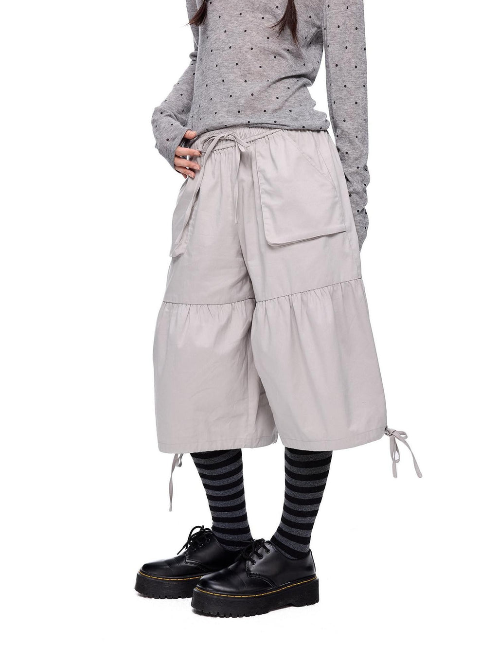 EZEK Light Gray Drawstring Pocket Wide Leg Women's Cotton Capri Pants